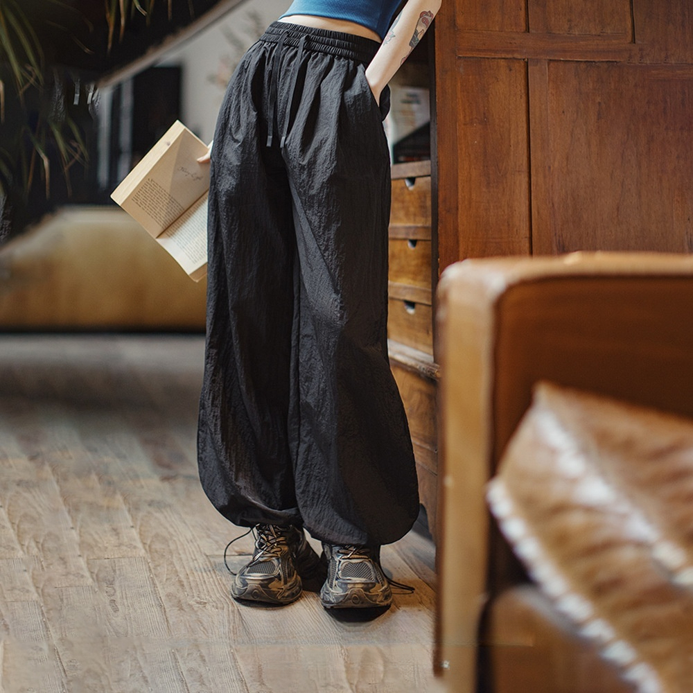 馬登女裝 夏季黑色鬆弛感休閒褲寬鬆工裝褲闊腿顯瘦抽繩束脚長褲