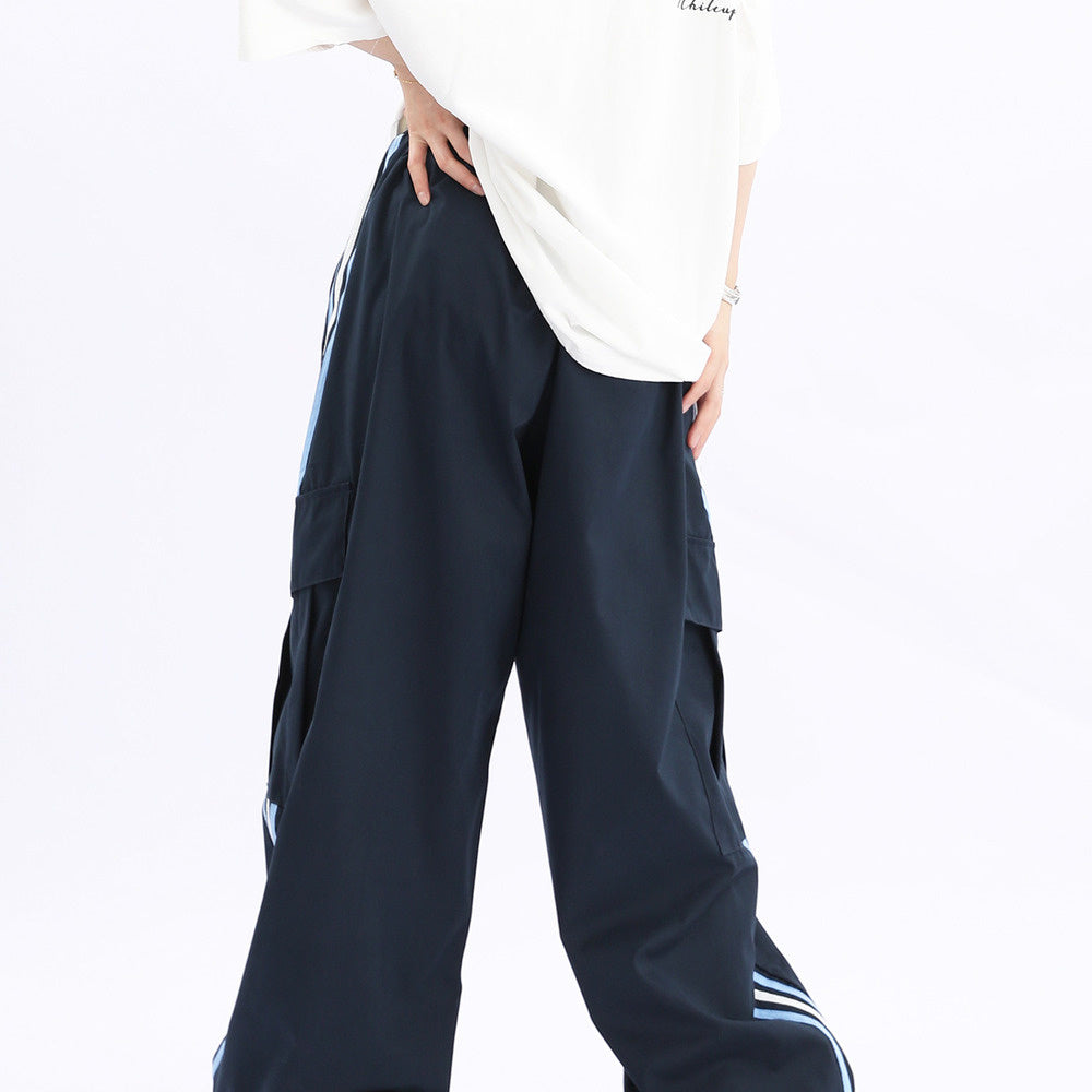 美式復古條紋運動褲垂感街舞褲寬鬆嘻哈hiphop百搭長褲