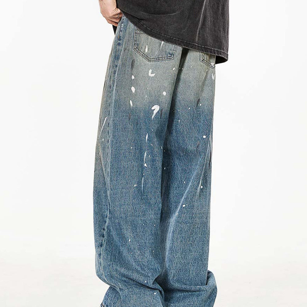 紮染潑墨直筒牛仔褲女美式高街做舊寬鬆拖地闊腿褲