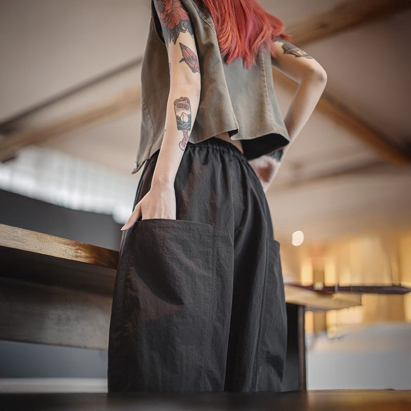 馬登女裝 夏日系鬆弛感工裝山本彎刀褲顯腿長寬鬆慵懶闊腿褲潮