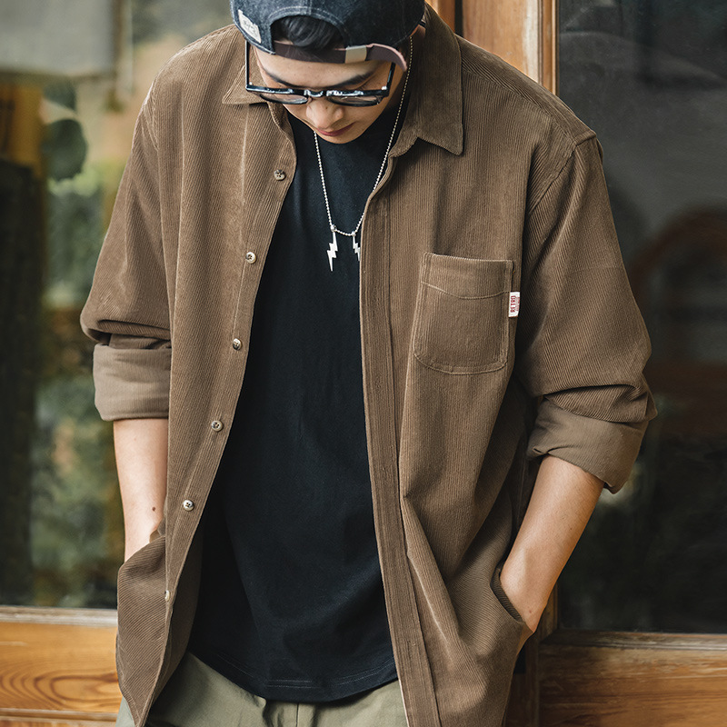 馬登工裝 美式休閒長袖襯衫燈芯絨疊穿外穿單排扣條絨襯衫外套