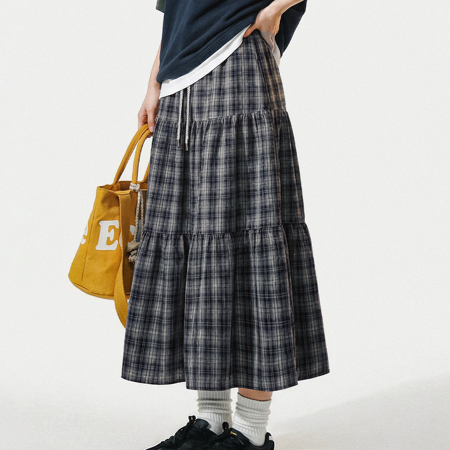 馬登女裝 藍綠色復古鬆緊腰A字蛋糕裙日系百褶拼接格子紋半身長裙春季