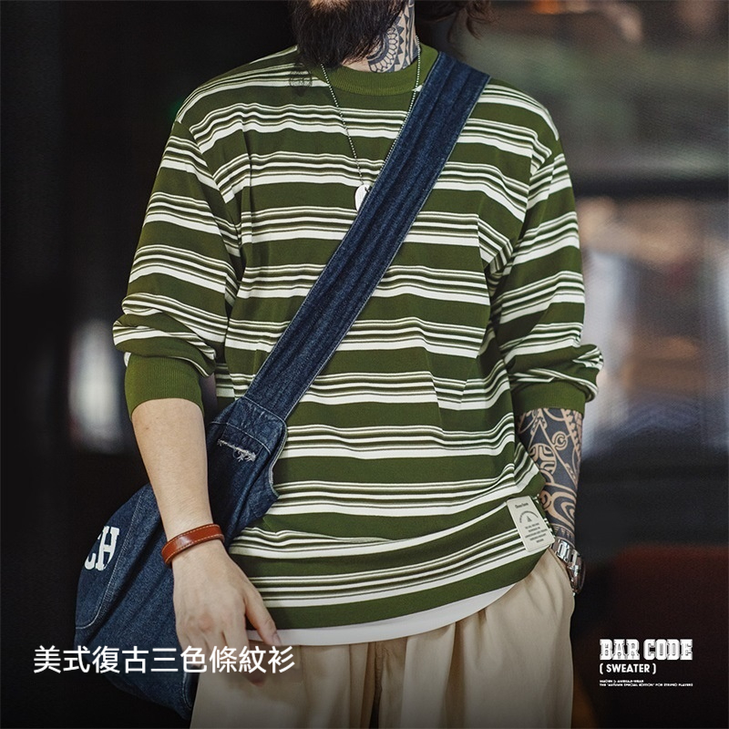 馬登工裝 美式復古撞色條紋長袖T恤羅紋圓領內搭針織打底衫男秋