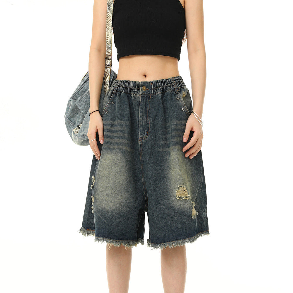 美式復古水洗破洞牛仔短褲女鬆緊腰寬鬆百搭闊腿五分褲