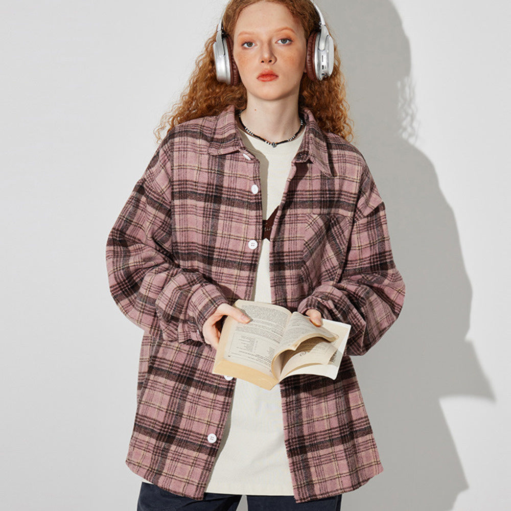 美式復古粉色格子長袖襯衫女秋寬鬆休閒慵懶襯衣外套