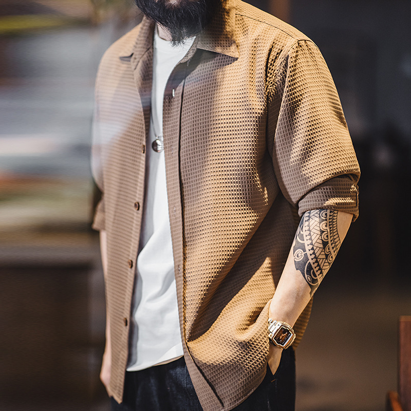 馬登工裝 美式休閒華夫格長袖襯衫梭織肌理感上衣抗皺格子襯衣