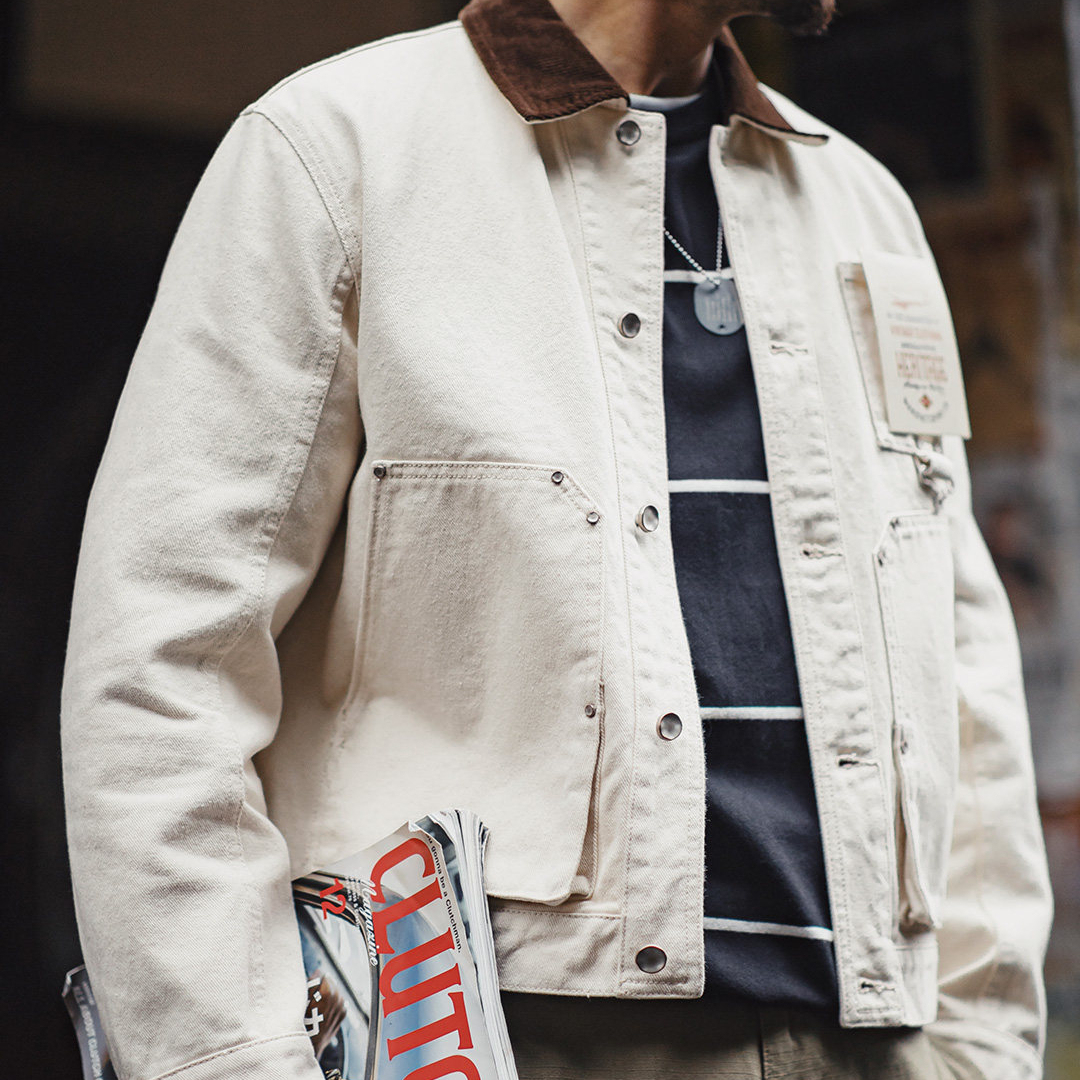 馬登工裝 美式棉籽殼J22白色翻領夾克獵裝法式燈芯絨領外套男春季