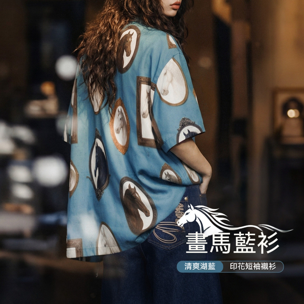 馬登女裝 美式復古翻領寬鬆度假風趣味印花短袖襯衫女士夏外穿襯衣