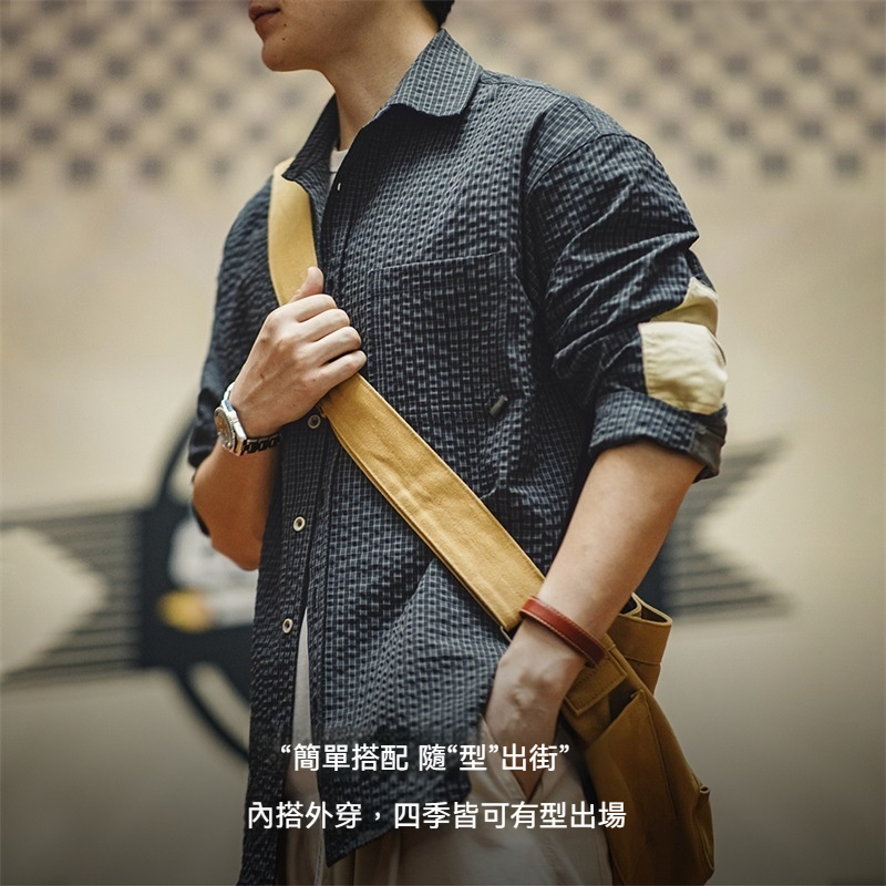 馬登工裝 美式復古泡泡紗格子長袖襯衫肌理感翻領拼接襯衣外套男秋