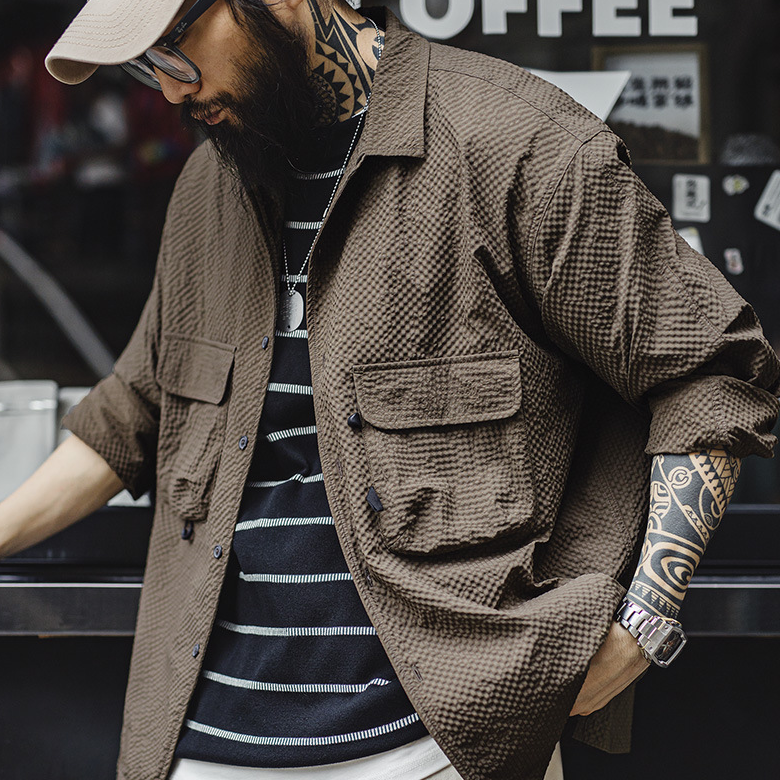 馬登工裝 山系戶外古巴領泡泡紗長袖襯衫免燙抗皺口袋襯衣男秋