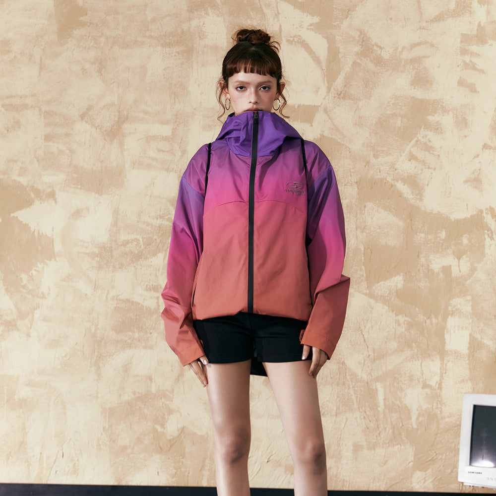 復古漸變色紫色衝鋒衣女戶外山系防水登山服連帽情侶外套