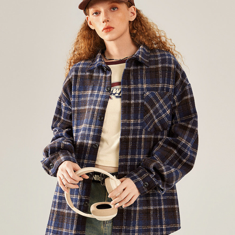 美式復古粉色格子長袖襯衫女秋寬鬆休閒慵懶襯衣外套