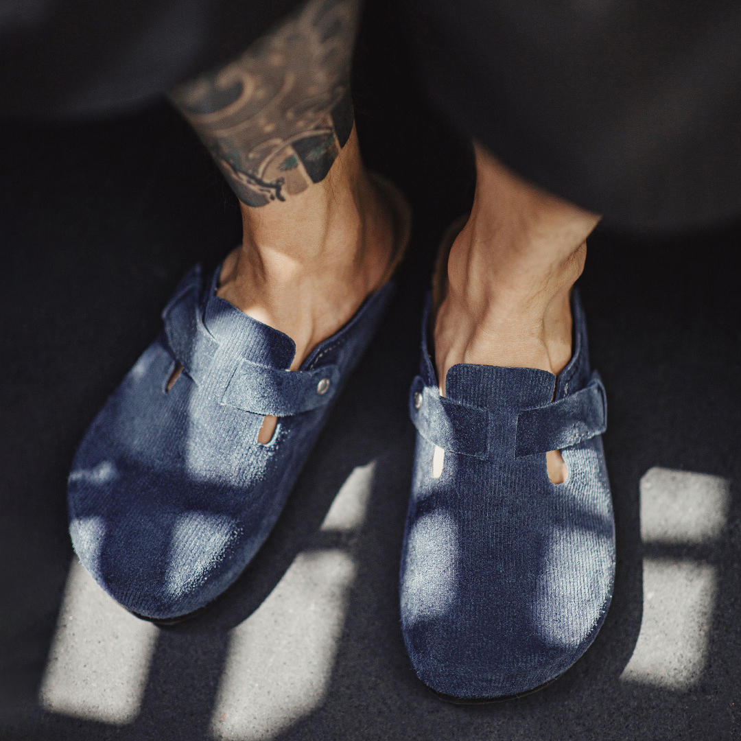 馬登工裝 夏季鯨藍色穆勒鞋男休閒平底全包頭外穿半拖鞋子