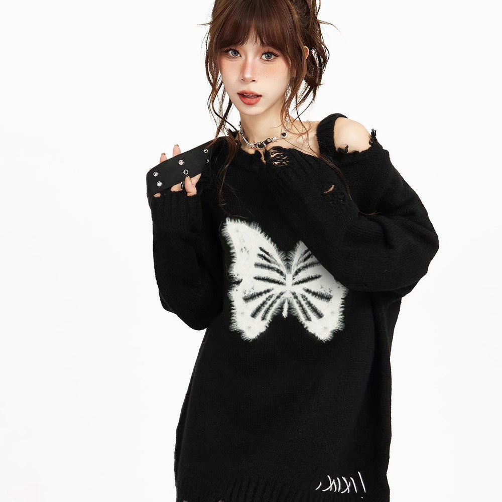 美式復古黑色露肩毛衣女秋冬季慵懶風oversize設計感針織衫