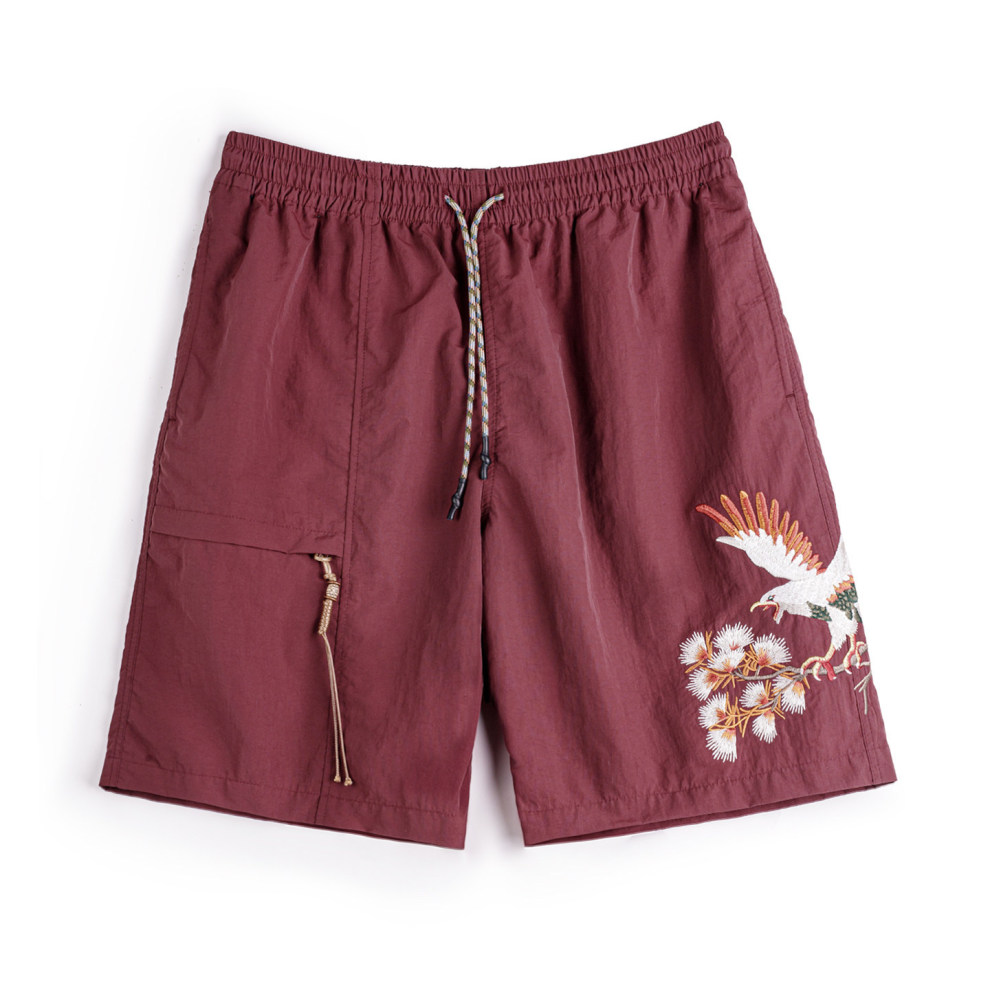馬登工裝 美式橫須賀刺繡短褲寬鬆紅色沙灘薄款五分褲夏季