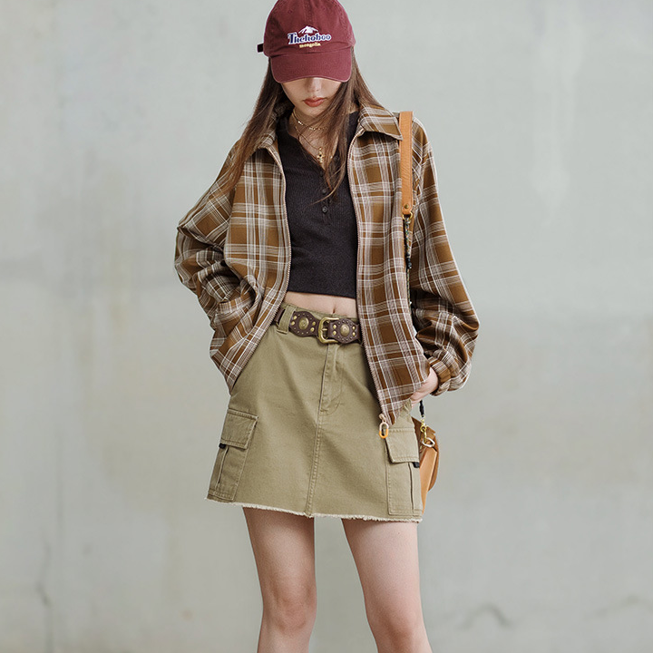 馬登女裝 美式復古格紋夾克設計感撞色翻領外套休閒寬鬆百搭上衣春秋