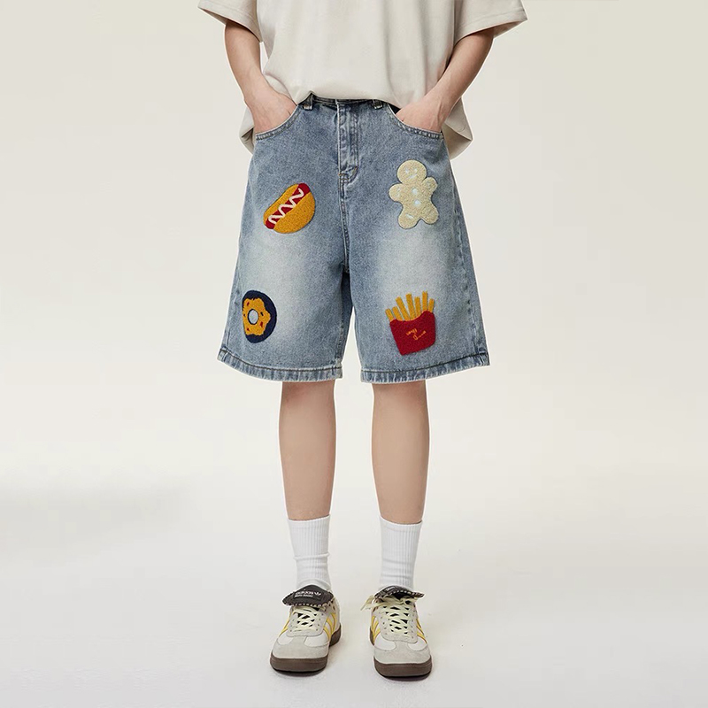 美式街頭做舊創意毛巾繡牛仔短褲男女潮牌高街直筒五分褲