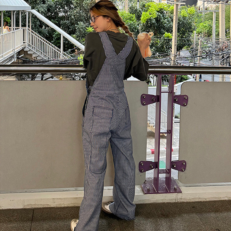 美式復古條紋直筒工裝背帶褲女街頭寬鬆顯瘦休閒連體褲潮