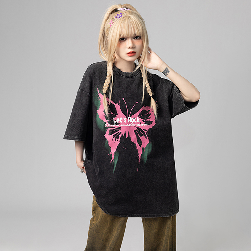 美式復古哥特風蝴蝶印花Chic寬鬆T恤潮流設計感情侶短袖上衣