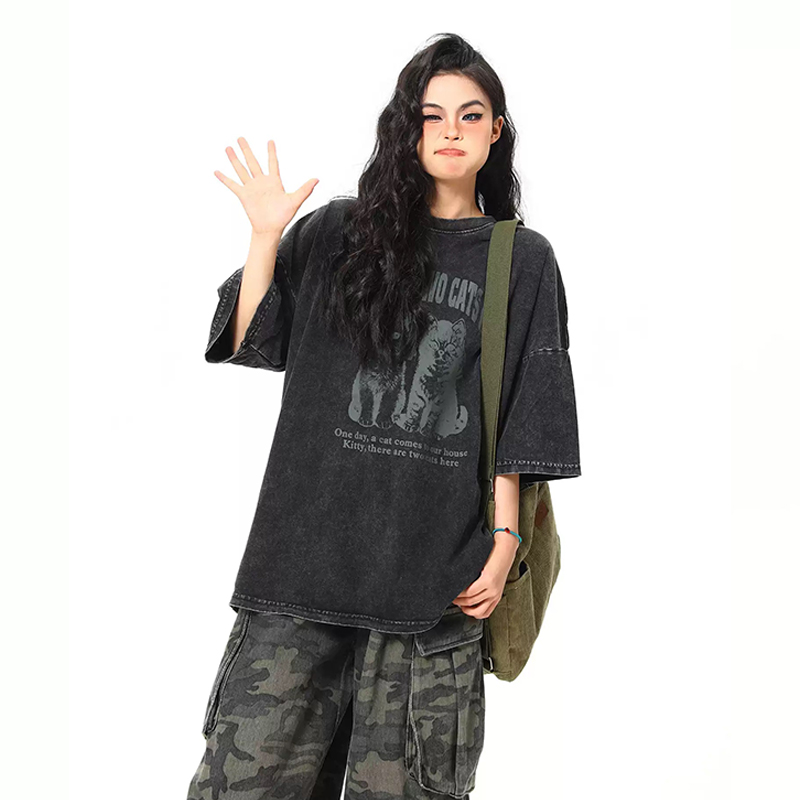 美式復古黑貓印花短袖T卹夏季寬鬆水洗做舊潮牌情侶Tee