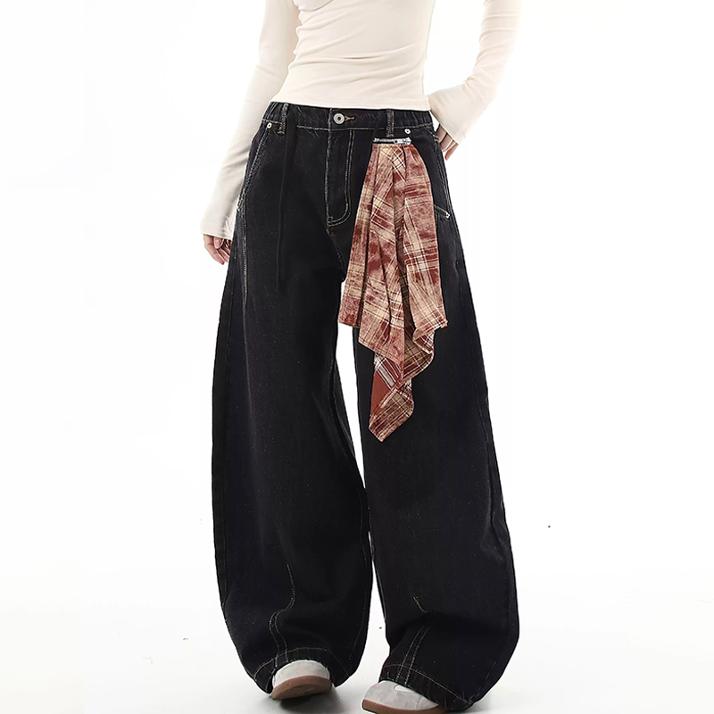 美式復古丹寧原色彎刀牛仔褲可拆式方巾寬褲休閒褲