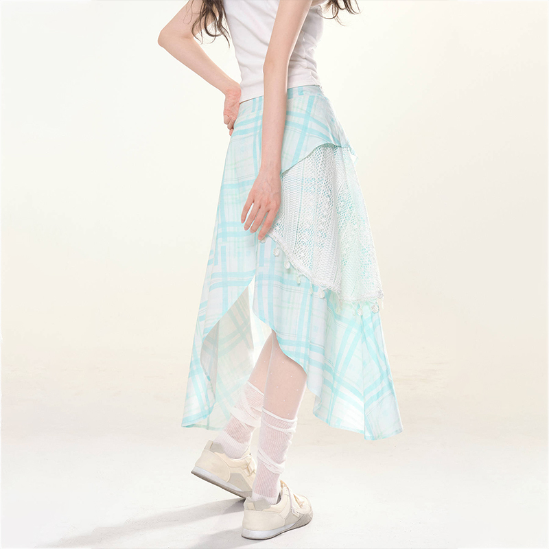 蕾絲拼接半身裙不規則設計感清新高腰百搭小眾裙