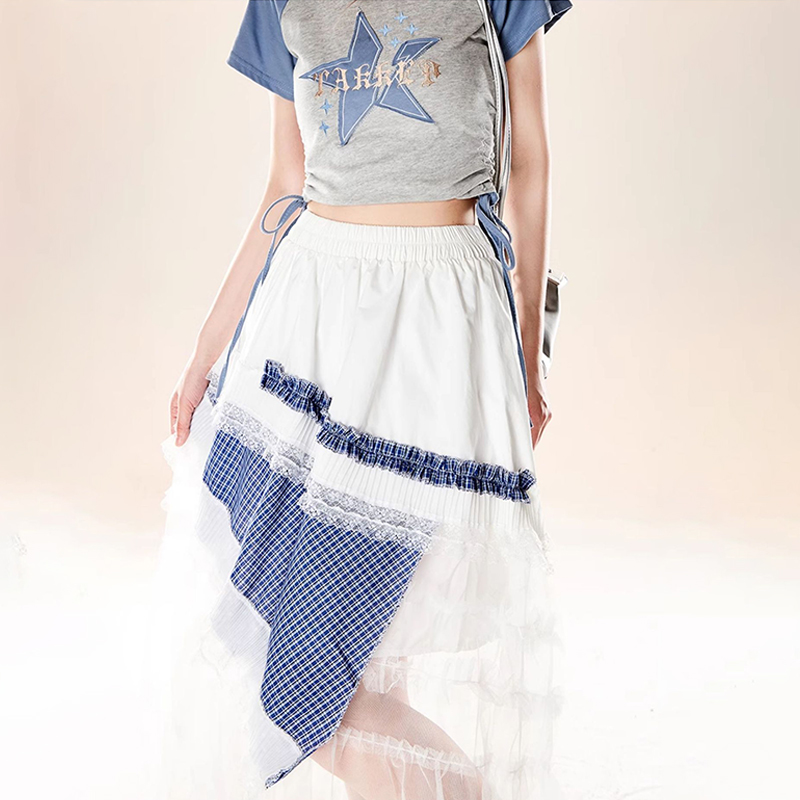 設計感花邊拼接格紋拼色長裙女夏季層疊荷葉邊不規則半身裙
