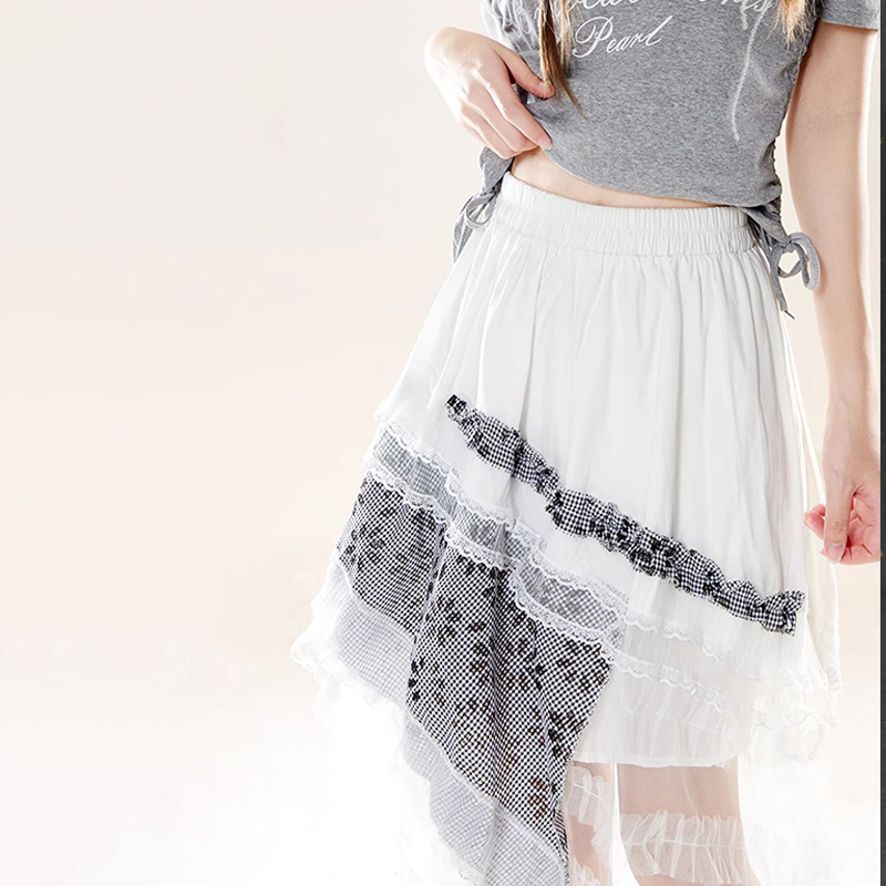 純欲辣妹不規則蕾絲拼接半身裙設計感花邊格紋拼色夏季高腰長裙