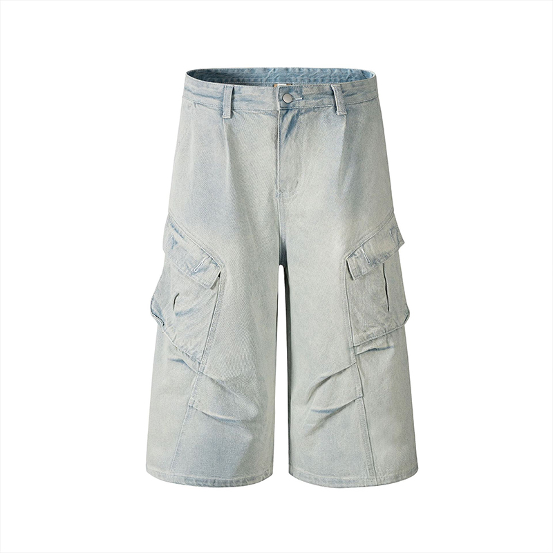 美式復古水洗做舊牛仔短褲男女潮牌高級痞帥風闊腿七分褲