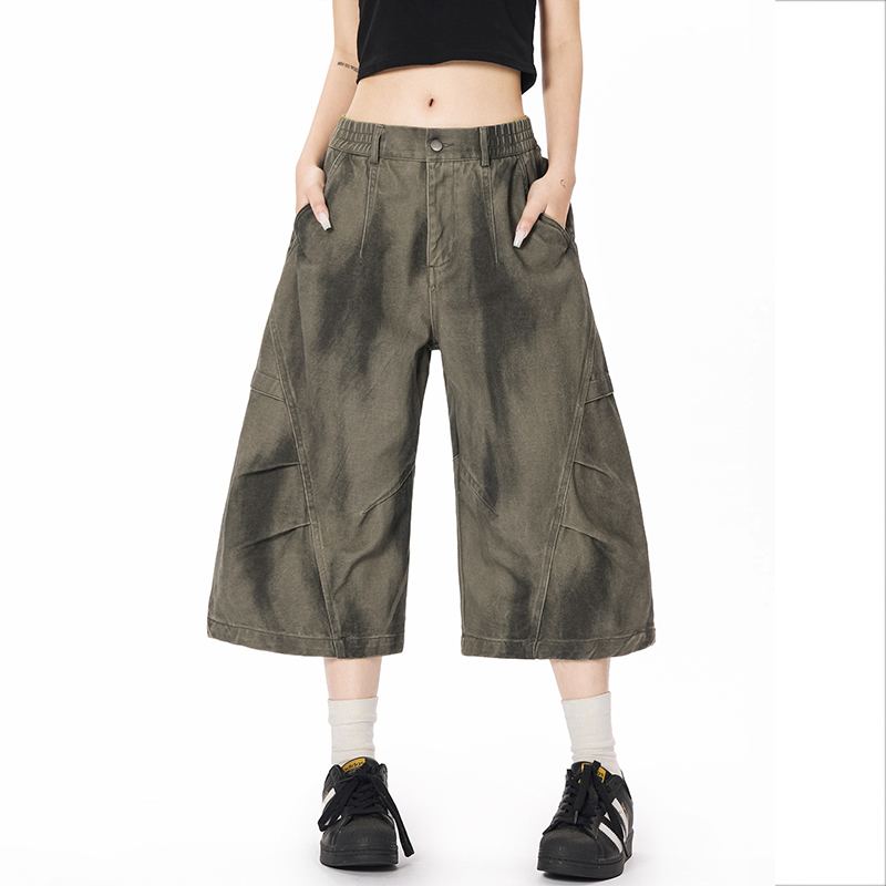 美式復古做舊髒染工裝七分褲男女高街潮牌休閒褶皺設計感寬褲