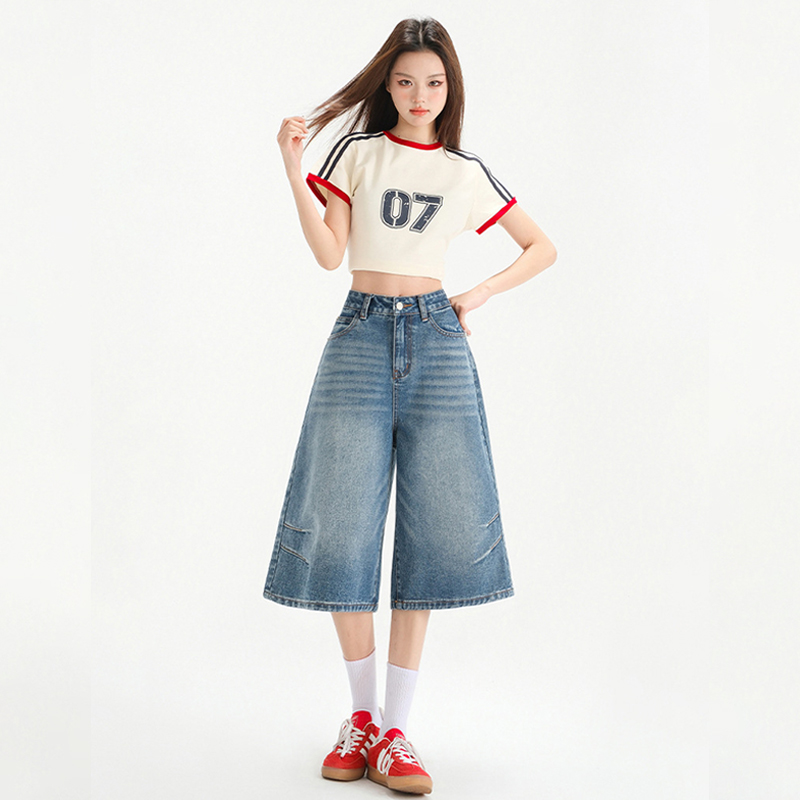 美式復古高腰顯瘦寬鬆褶皺七分褲做舊設計感七分闊腿牛仔褲