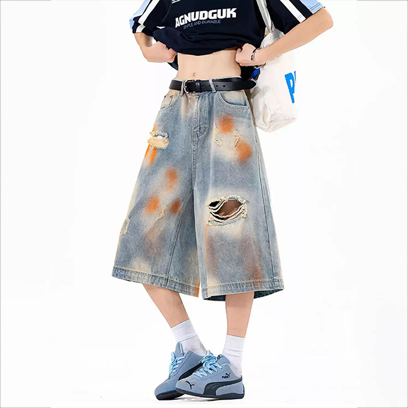 廢土風美式髒染破洞牛仔短褲夏季復古設計感hiphop闊腿七分褲