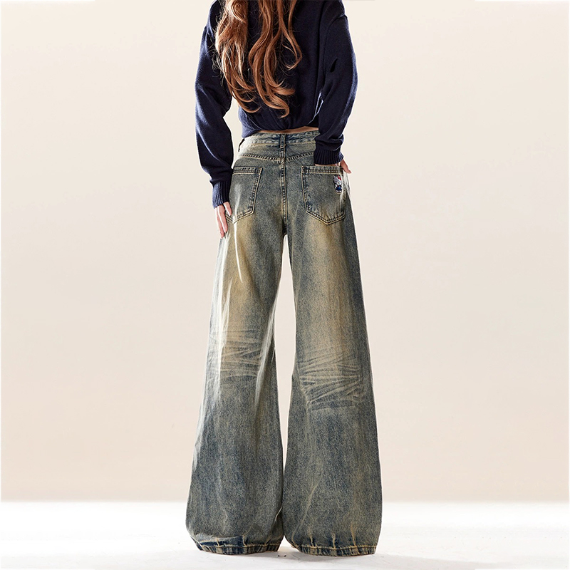 美式復古Kitty貓刺繡牛仔褲秋冬季做舊慵懶風闊腿牛仔褲子