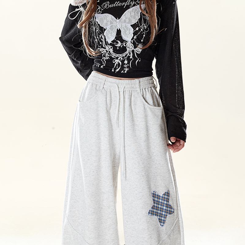 美式復古星星貼布繡衛褲春秋季兔耳朵設計感休閒慵懶風闊腿褲