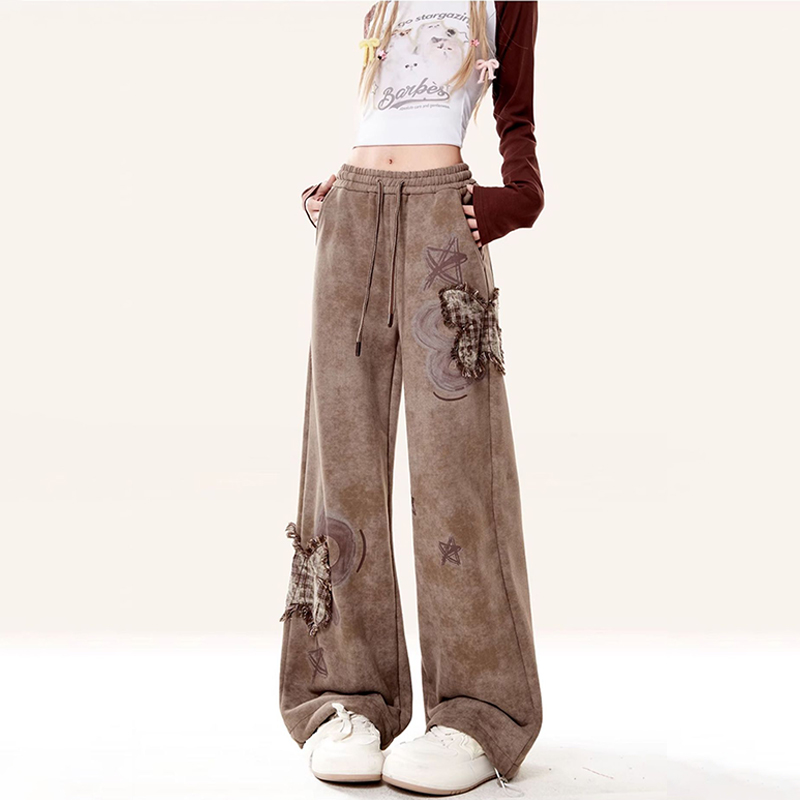 美式復古蝴蝶貼布繡衛褲秋冬設計感休閒寬鬆闊腿運動褲