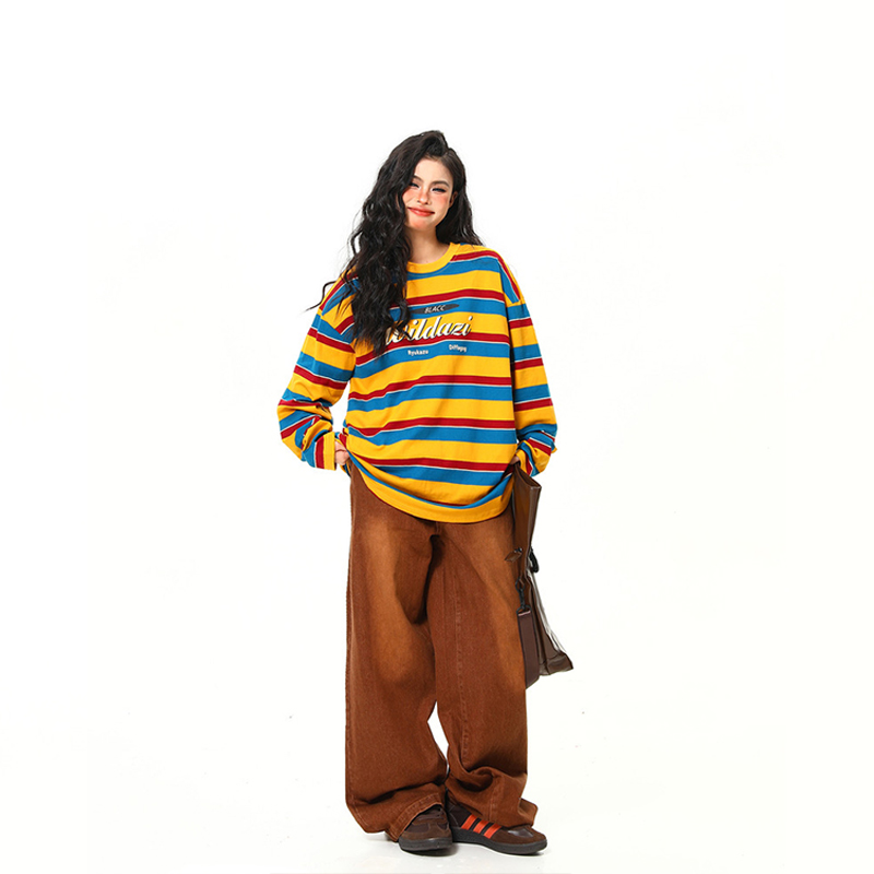 美式復古彩虹條紋長袖衛衣T恤女撞色氛圍感秋季寬鬆上衣