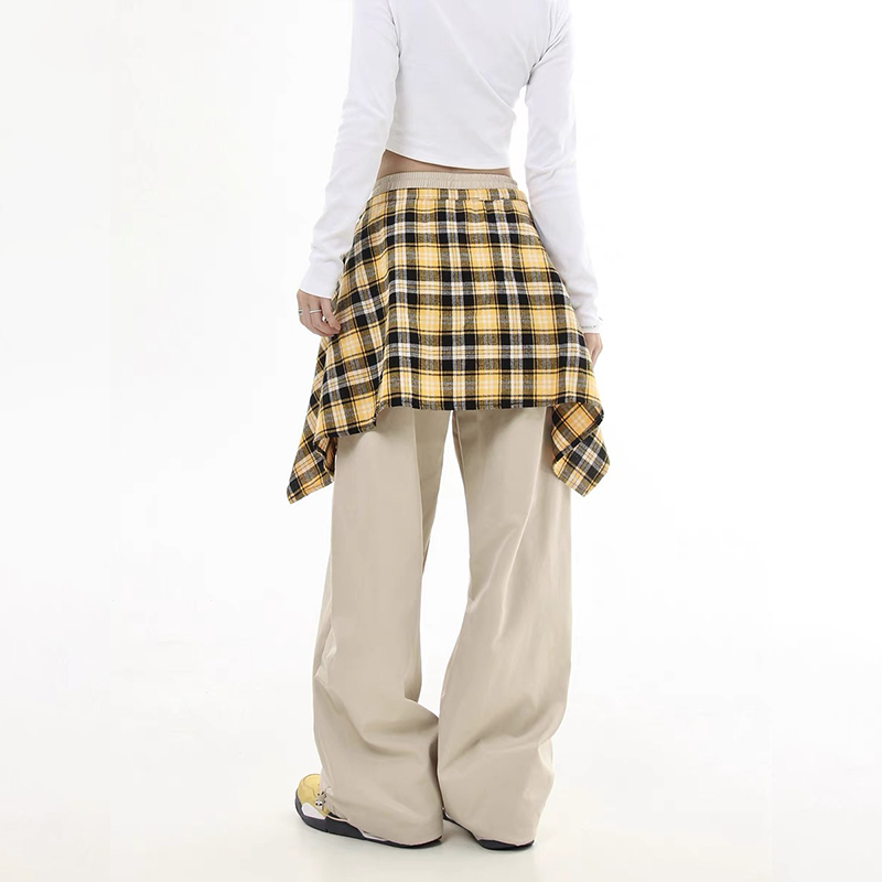 美式復古可拆卸格子裙擺休閑褲男女直筒Hiphop街舞褲子