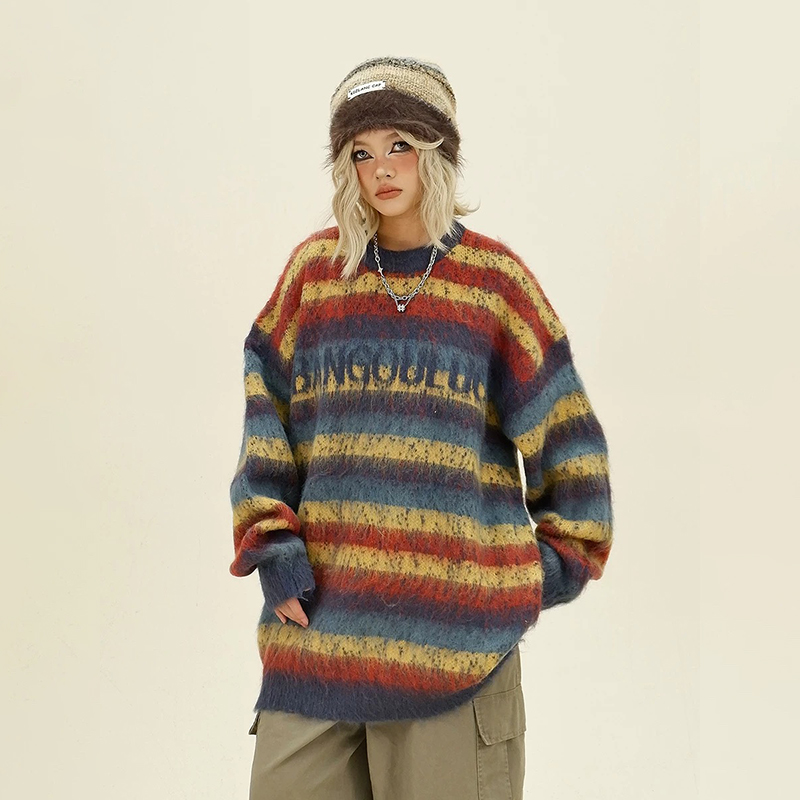 美式復古彩色條紋設計感毛衣寬鬆慵懶風套頭針織毛衣