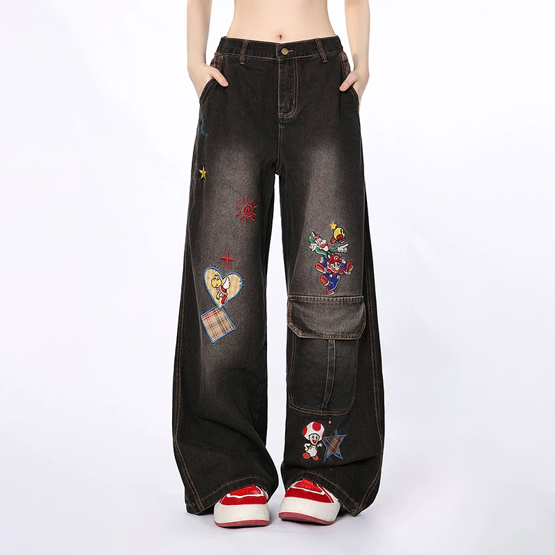 美式復古趣味圖案刺繡做舊牛仔長褲設計感小眾直筒情侶牛仔褲