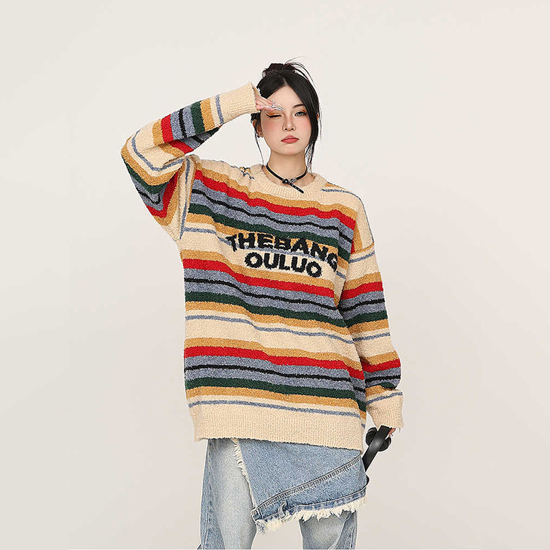 美式復古彩色條紋秋冬加厚針織衫寬鬆設計感慵懶風情侶毛衣