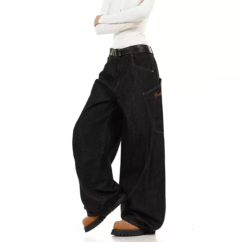 美式街頭潮牌大口袋彎刀牛仔褲小眾設計感辣妹拖地長褲