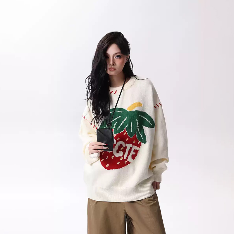 美式甜酷草莓提花針織衫慵懶風軟糯寬鬆情侶毛衣