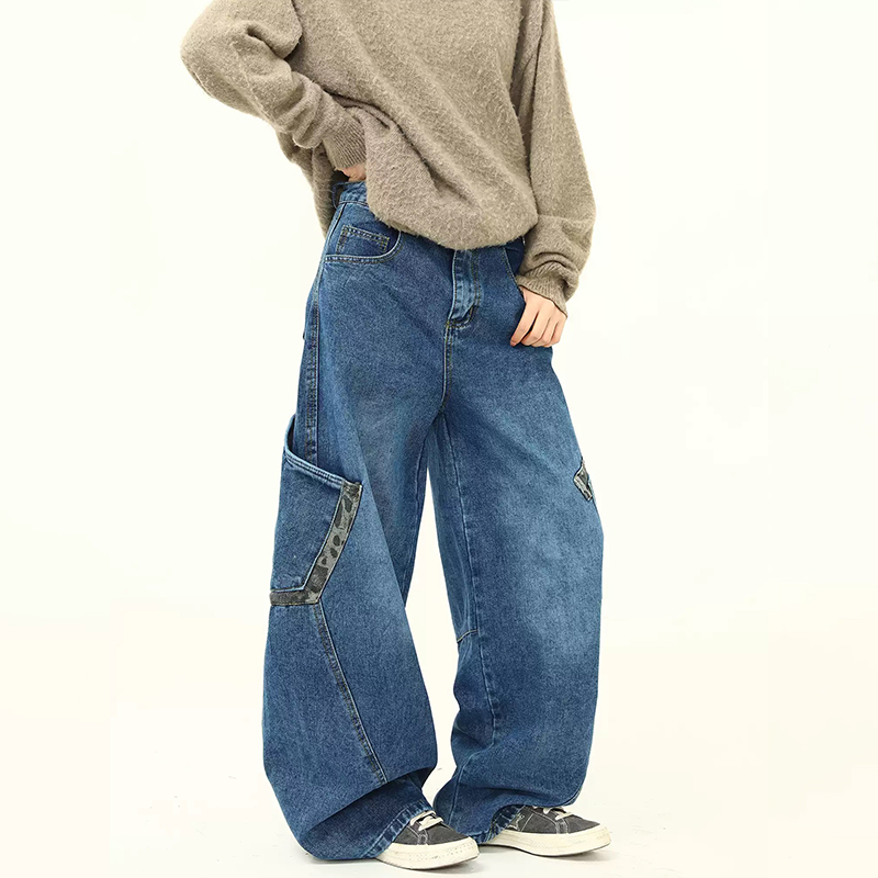 美式復古街頭設計感廓形彎刀牛仔褲多口袋潮流寬鬆香蕉褲