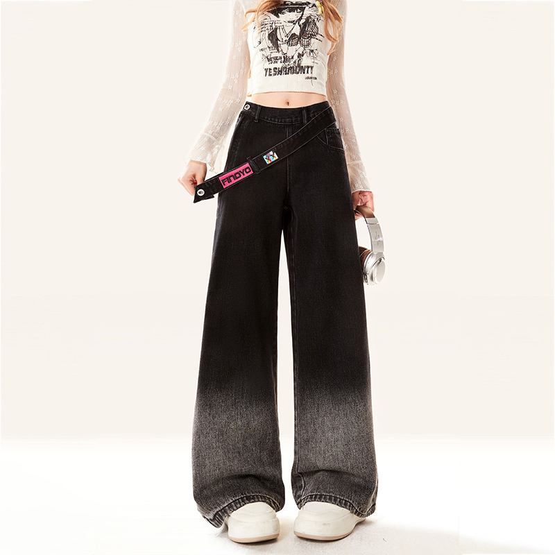 側邊拉鍊漸變黑色牛仔褲秋季高腰美式寬褲梨型身材寬鬆長褲