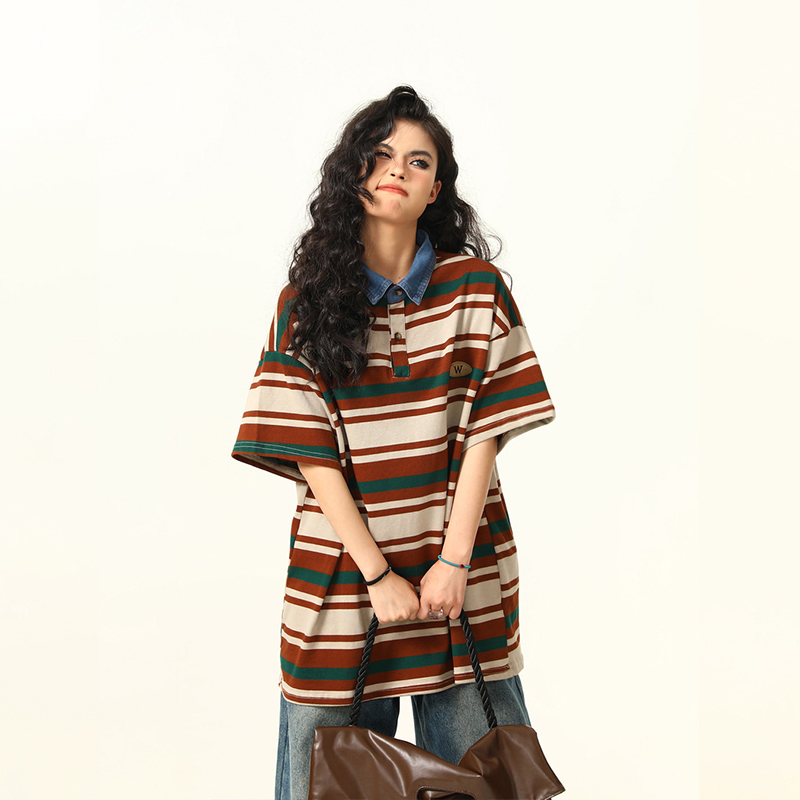 美式復古美拉德條紋短袖T恤女寬鬆Oversize夏季上衣