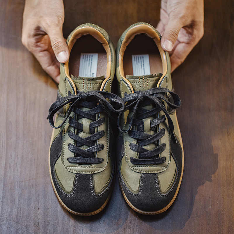馬登男鞋 復古德訓鞋男款秋季新款低幫板鞋橄欖綠羊皮休閒鞋運動鞋