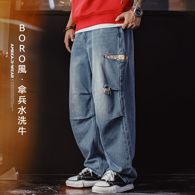 馬登工裝 美式復古闊腿寬松傘兵牛仔褲古布水洗破洞休閒褲男春