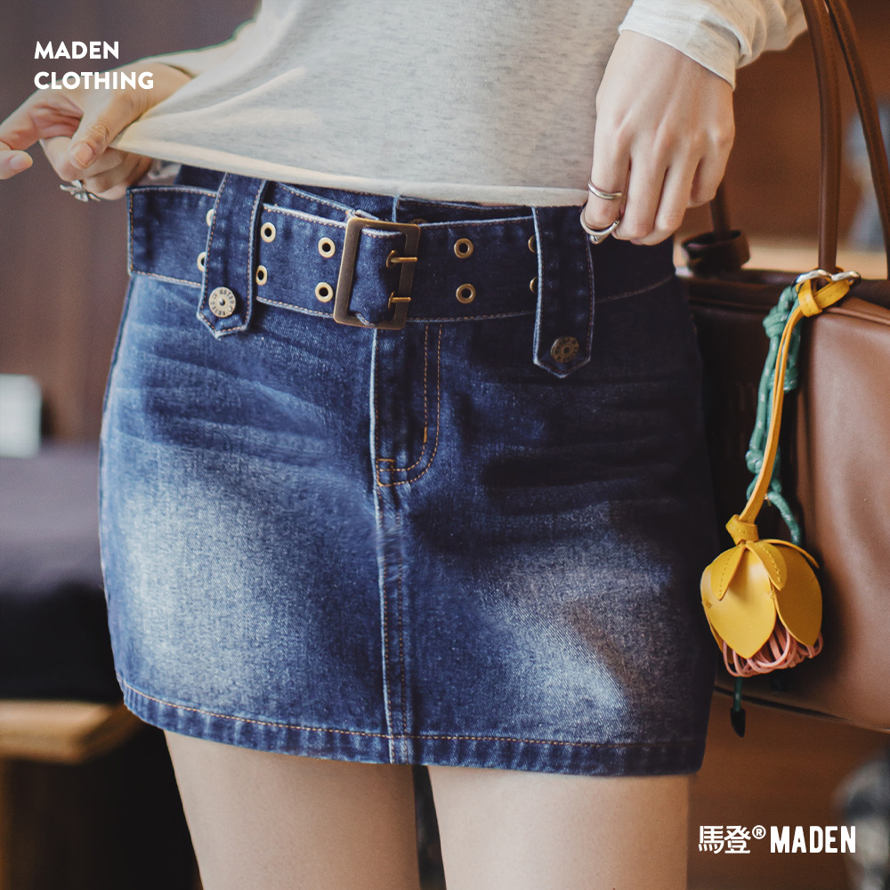 馬登女裝 復古丹寧藍色猫須工裝牛仔短裙辣妹包臀夏季女士半身裙