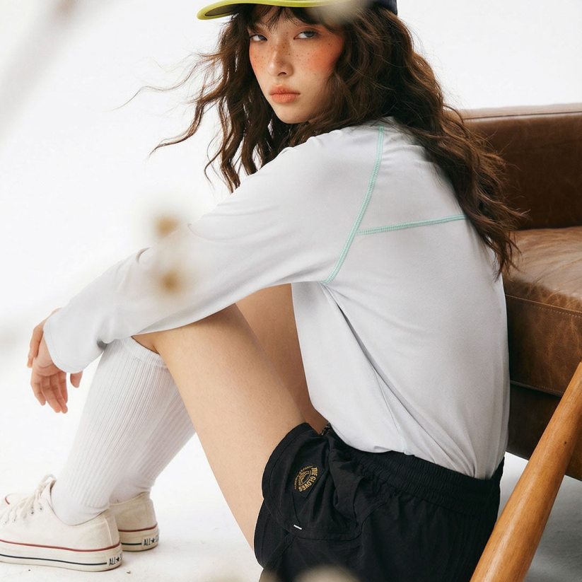 馬登女裝 美式哈蘇線撞色5A抗菌速幹寬鬆長袖T恤內搭上衣打底衫女士春