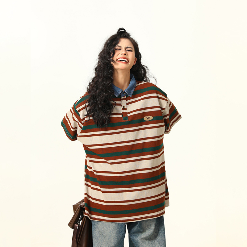 美式復古美拉德條紋短袖T恤女寬鬆Oversize夏季上衣